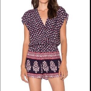 EIGHT SIXTY | Boho Short Sleeve Romper Navy Blue & Red Floral Women’s Size M